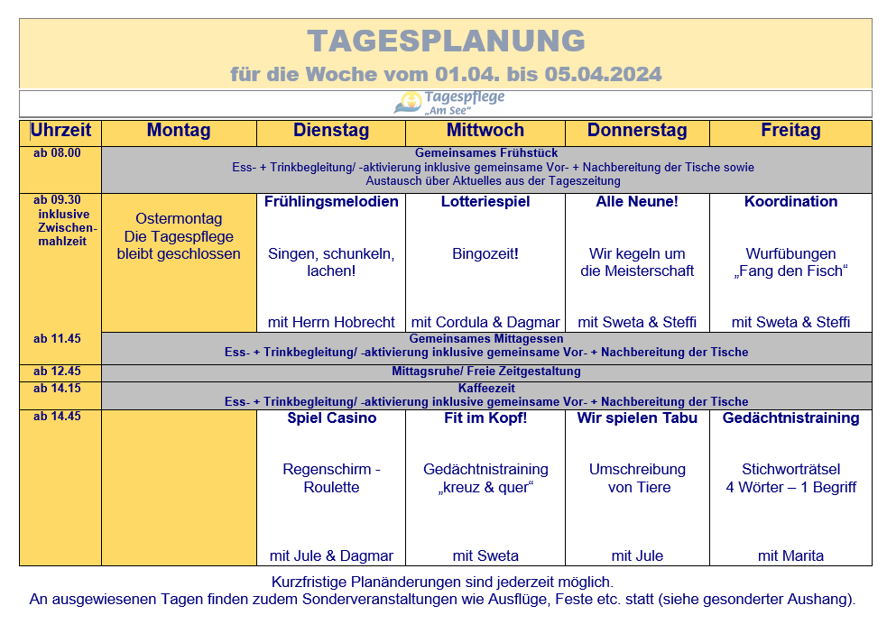 Tagesplan vom 01.04. bis 05.04.2024