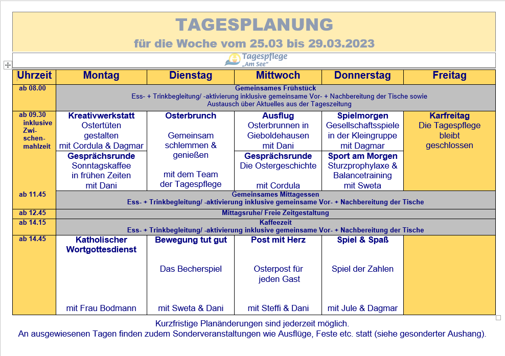 Tagesplan vom 25.03. bis29.03.2024