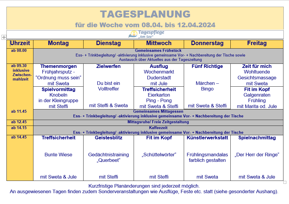 Tagesplan vom 08.04. bis 12.04.2024