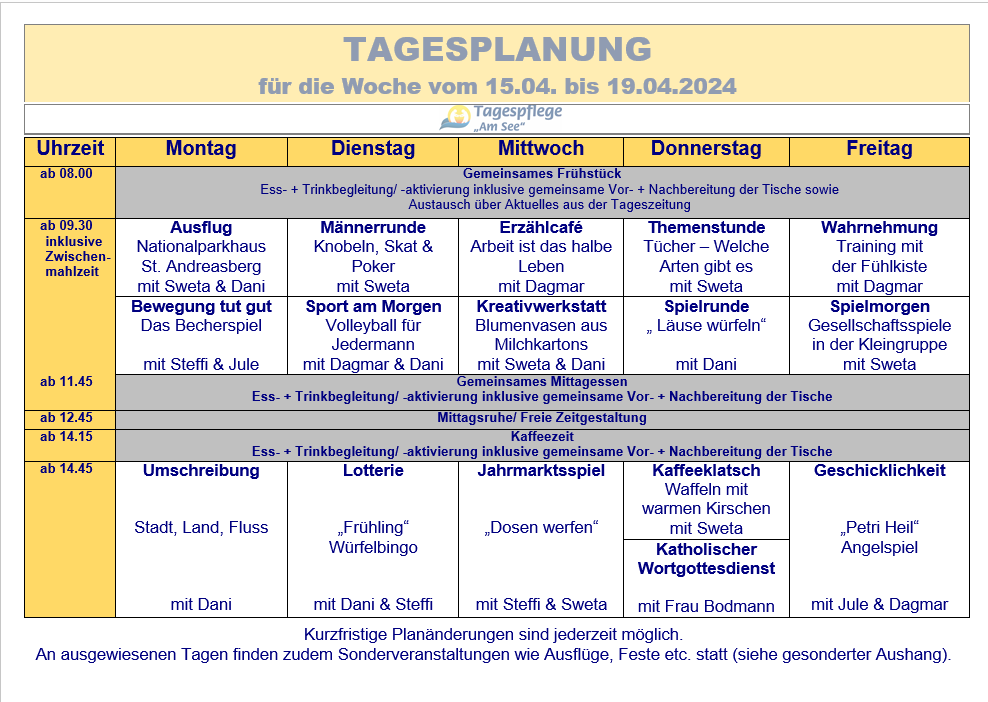 Tagesplan vom 15.04. bis 19.04.2024