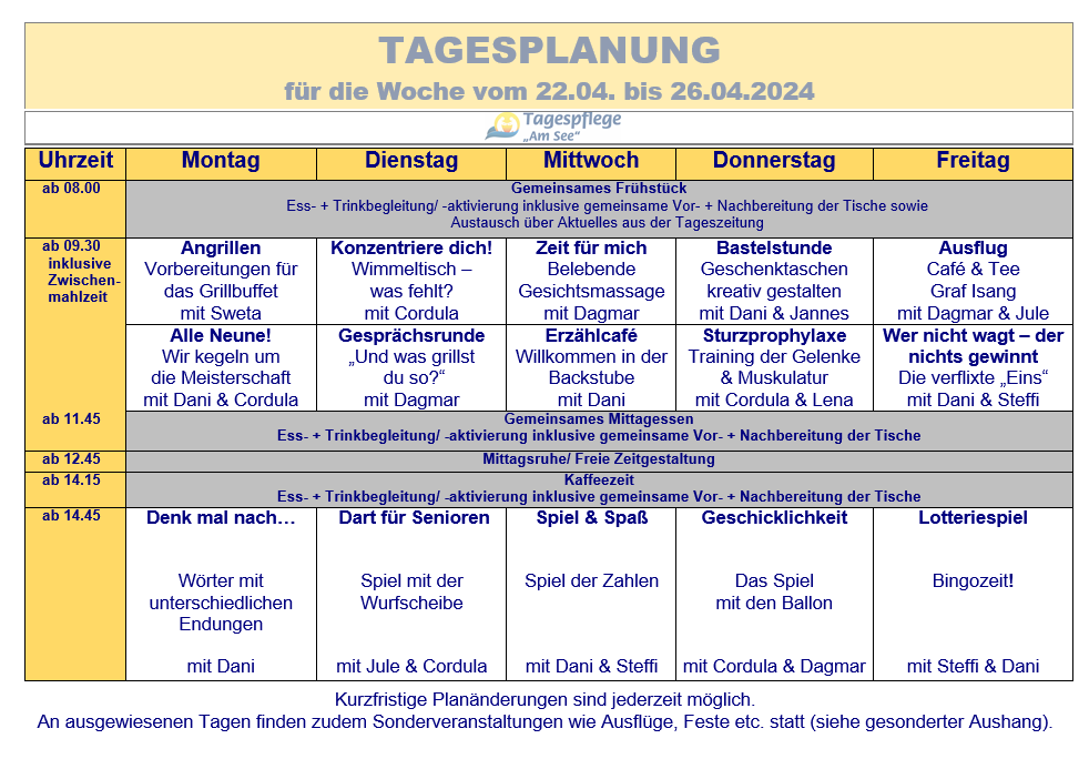 Tagesplan vom 22.04. bis 26.04.2024