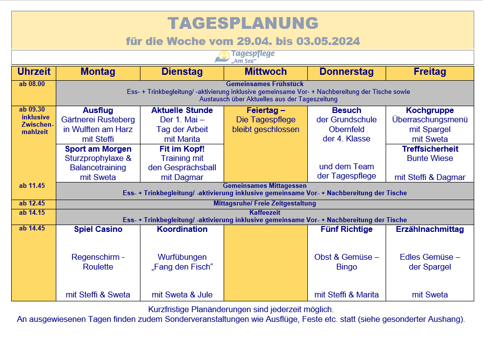 Tagesplan vom 29.04. bis 03.05.2024