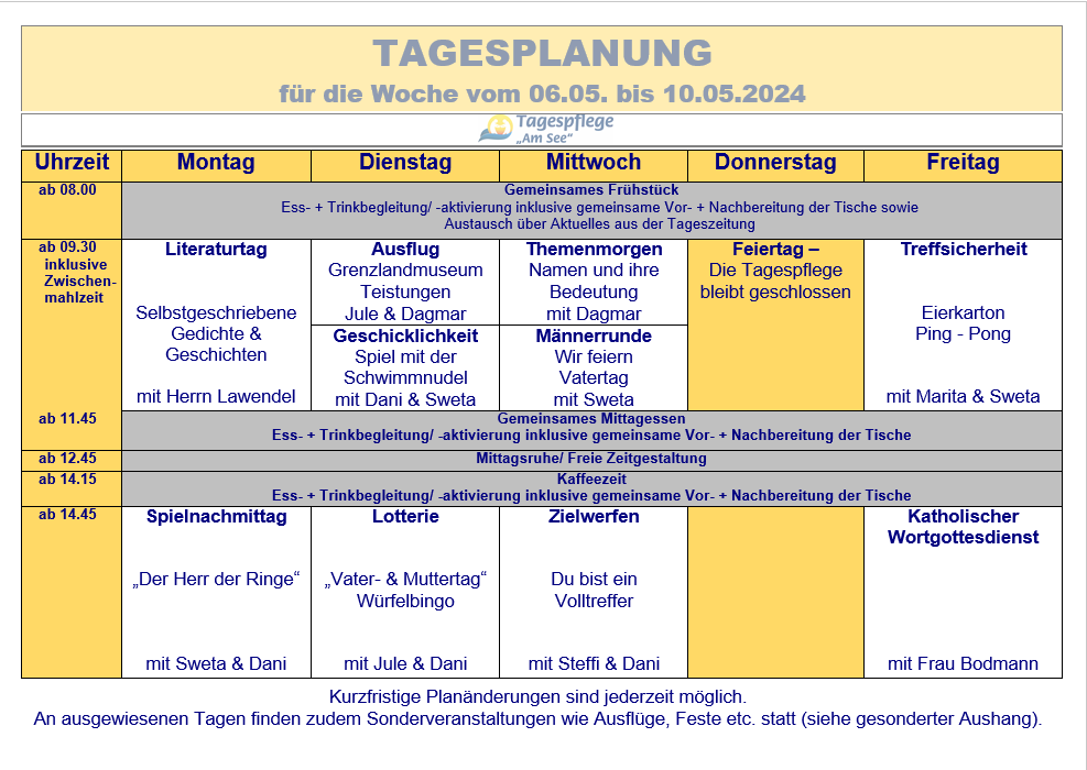 Tagesplan vom 06.05. bis 10.05.2024