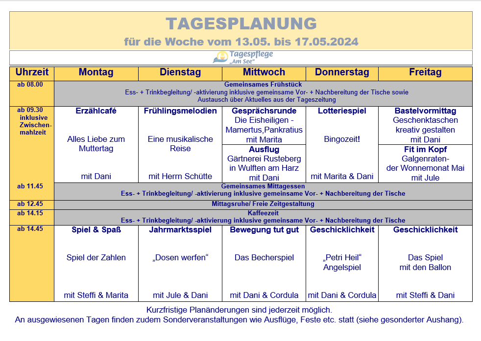 Tagesplan vom 13.05. bis 17.05.2024