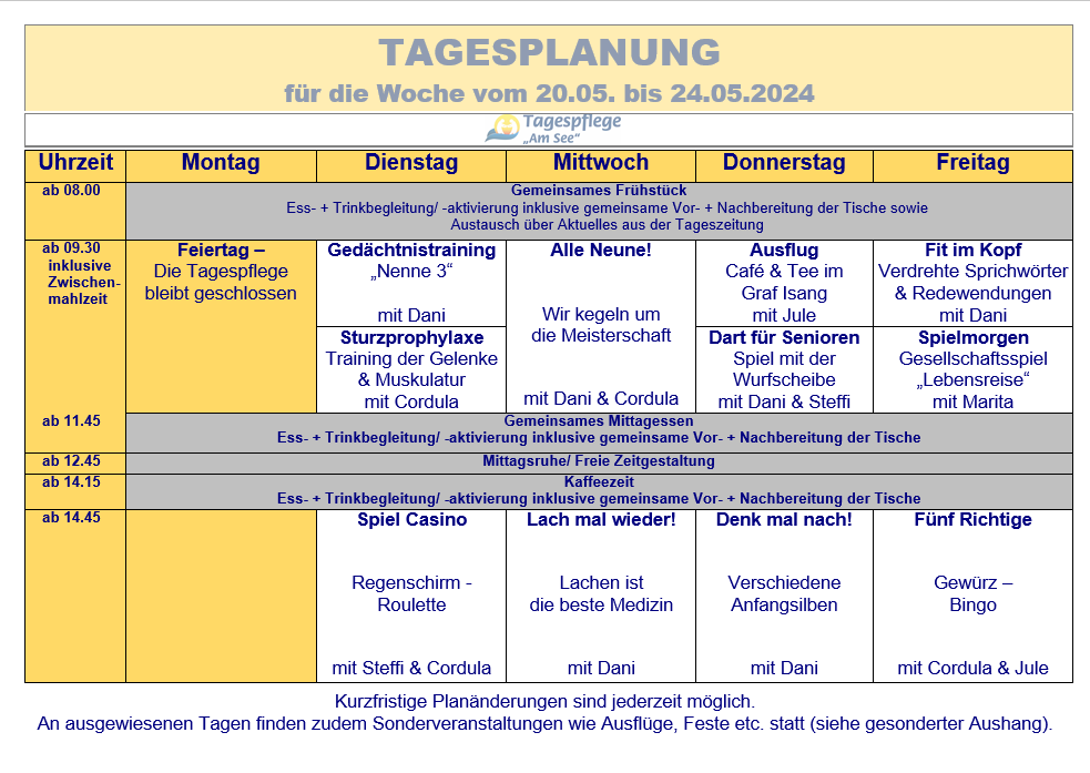 Tagesplan vom 20.05. bis 24.05.2024