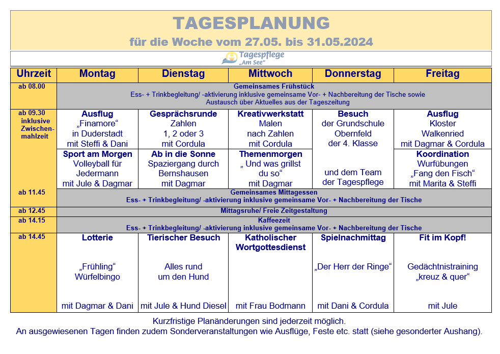 Tagesplan vom 27.05. bis 31.05.2024