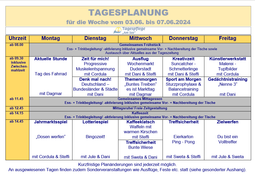 Tagesplan vom 03.06. bis 07.06.2024