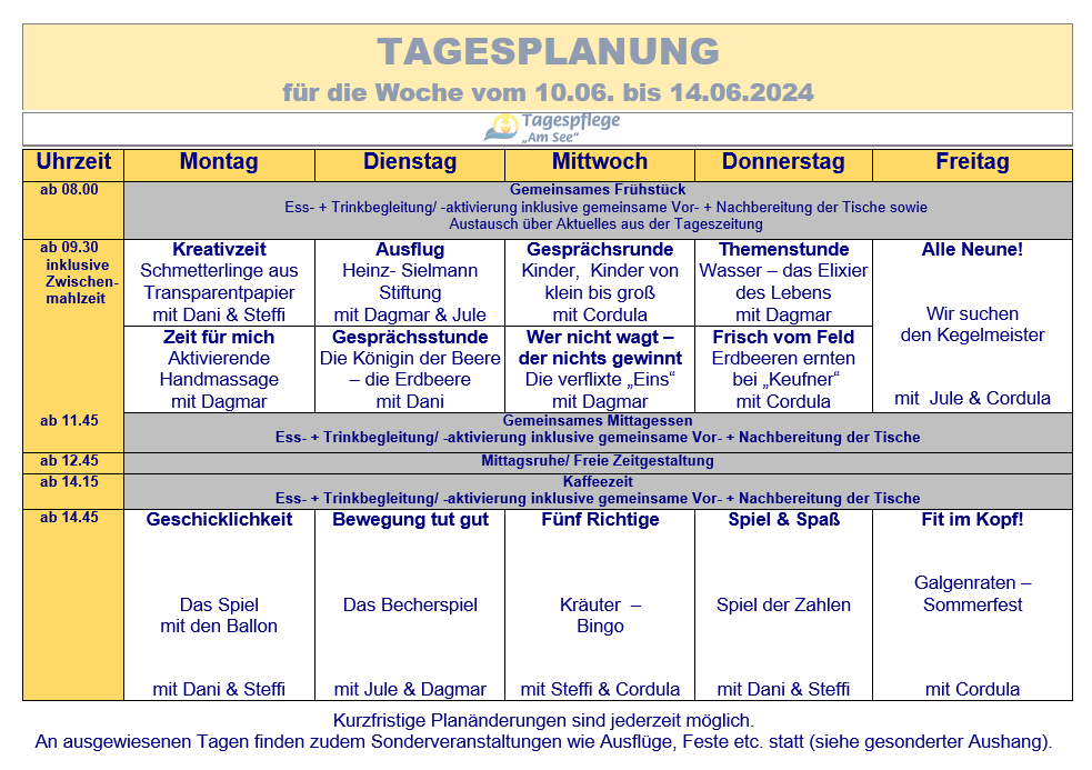 Tagesplan vom 10.06. bis 14.06.2024