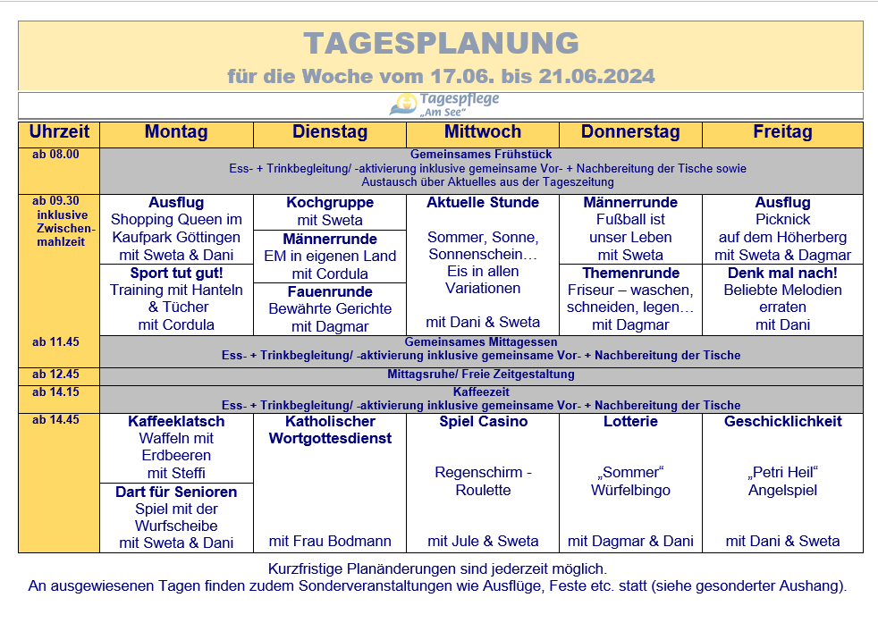 Tagesplan vom 17.06. bis 21.06.2024