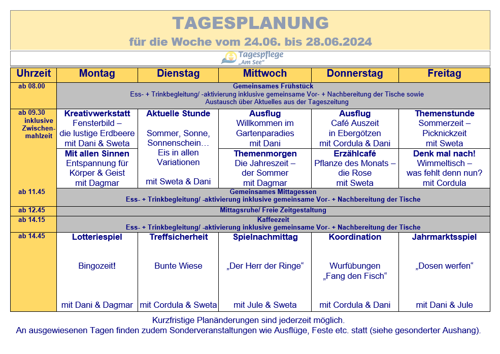 Tagesplan vom 24.06. bis 28.06.2024