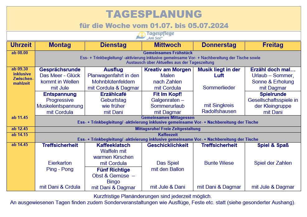 Tagesplan vom 01.07. bis 05.07.2024