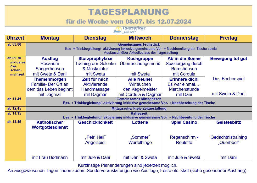 Tagesplan vom 08.07. bis 12.07.2024