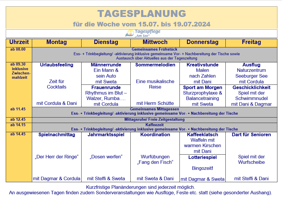 Tagesplan vom 15.07. bis 19.07.2024