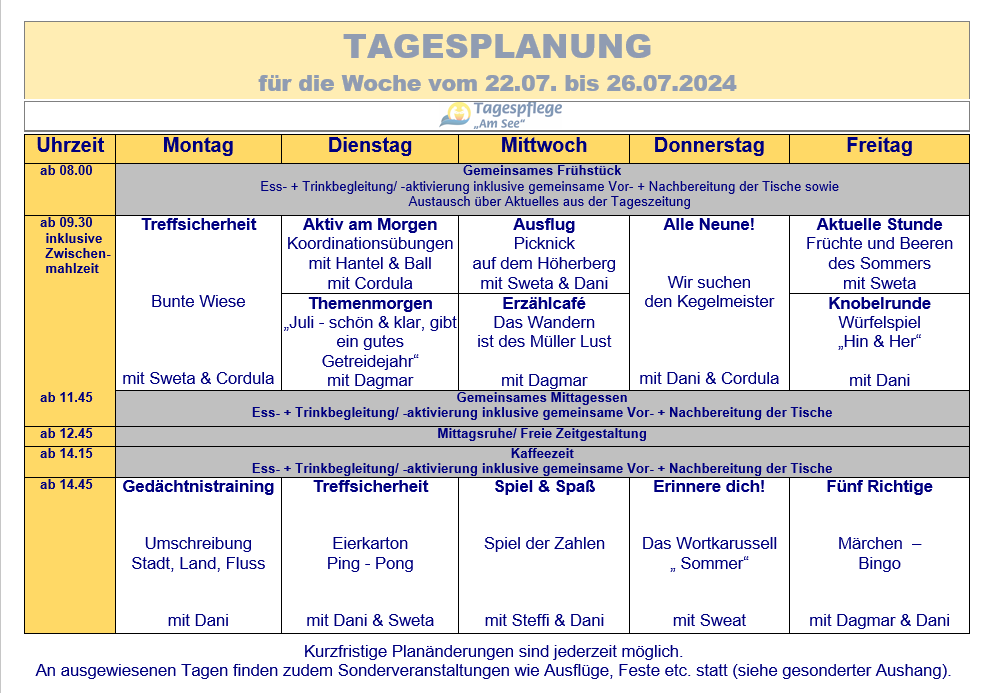 Tagesplan vom 22.07. bis 26.07.2024