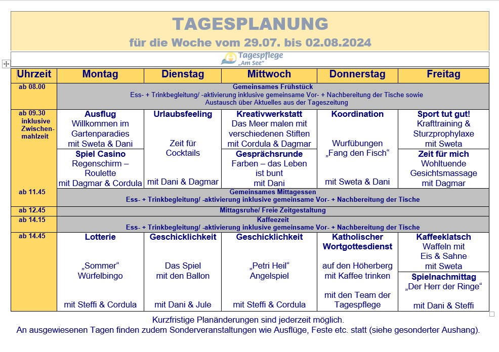 Tagesplan vom 29.07. bis 02.08.2024