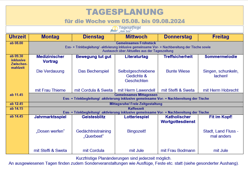 Tagesplan vom 05.08. bis 09.08.2024