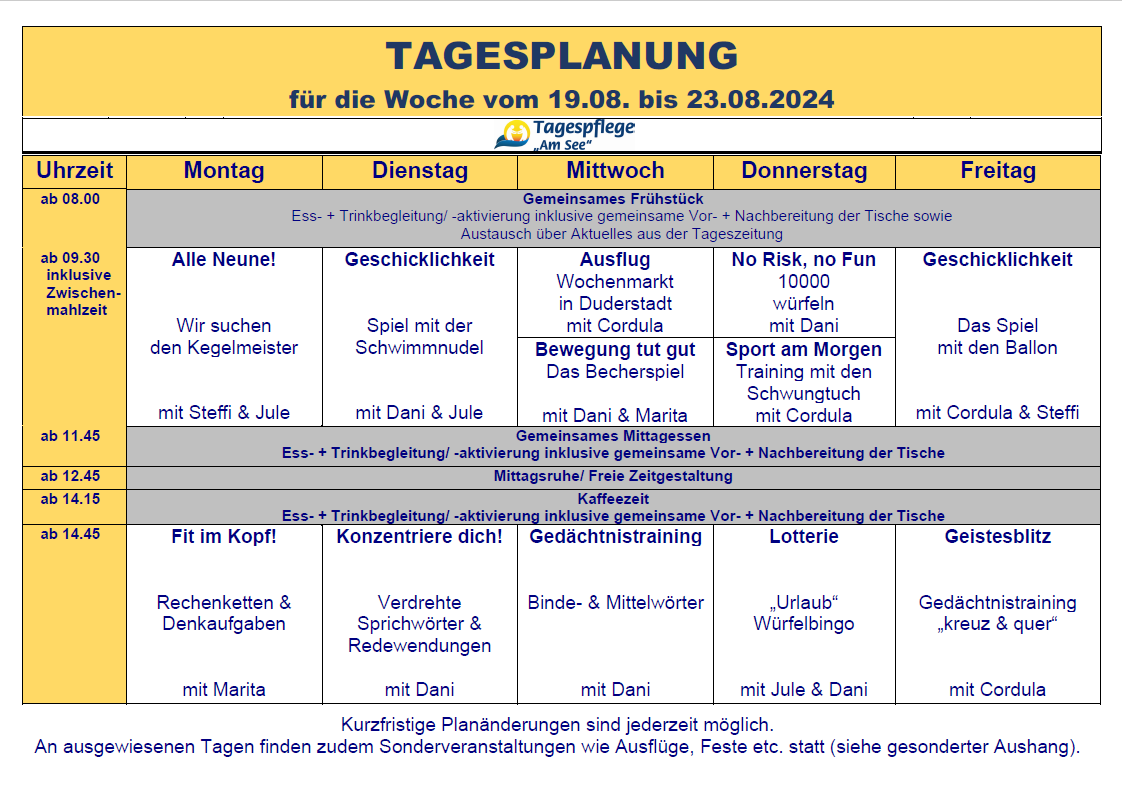 Tagesplan vom 19.08. bis 23.08.2024