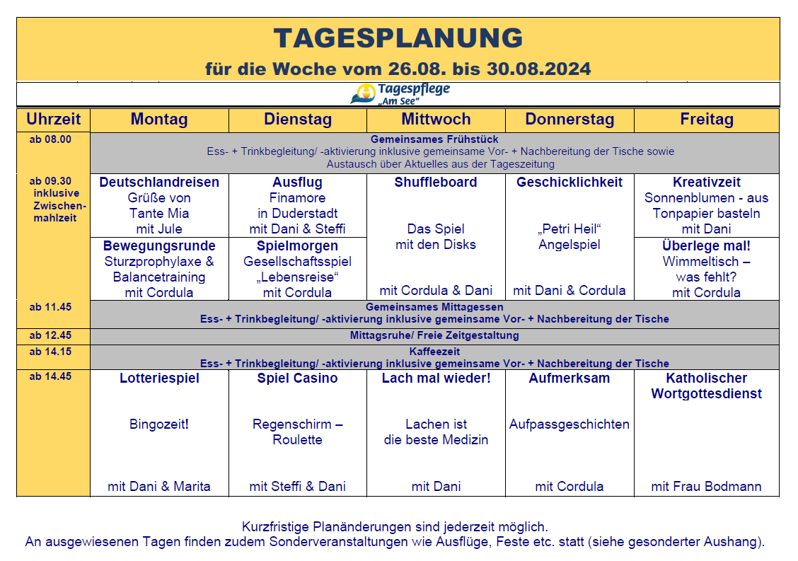 Tagesplan vom 26.08. bis 30.08.2024