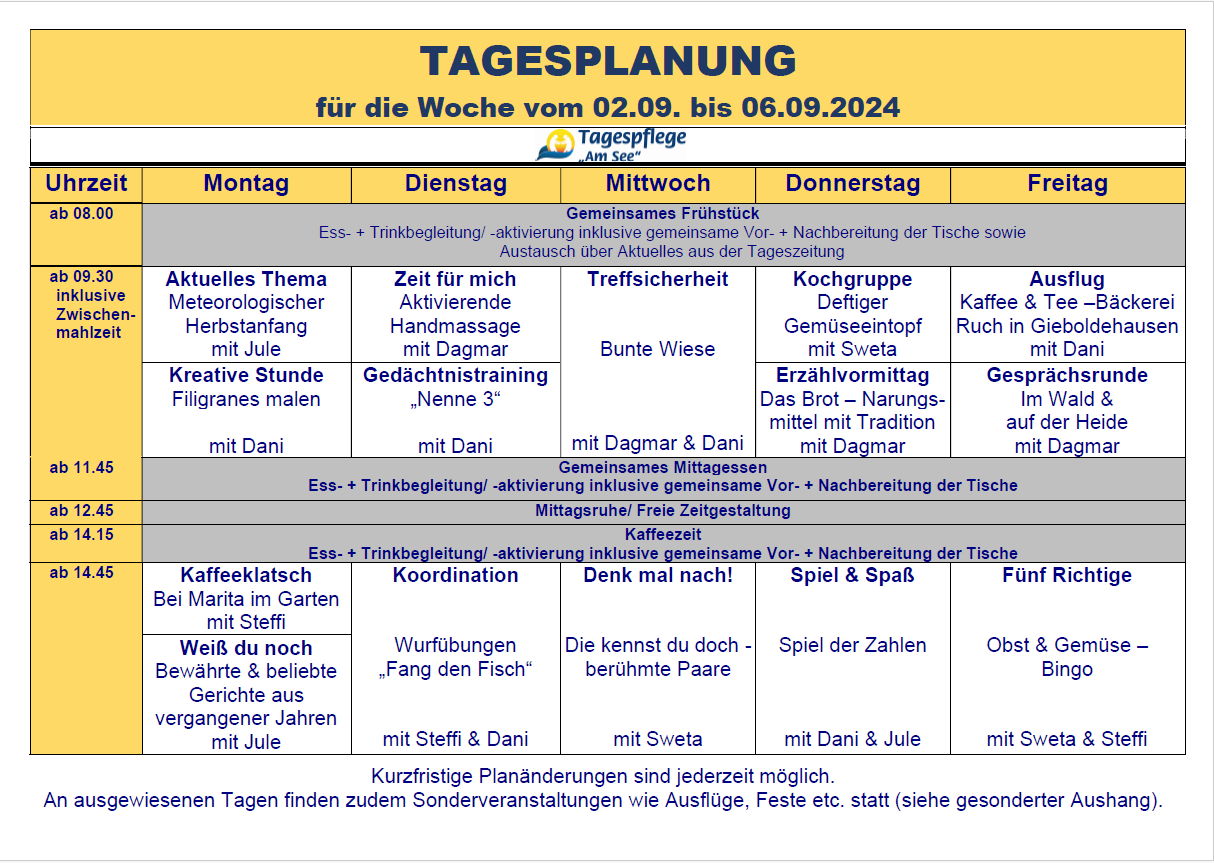 Tagesplan vom 02.09. bis 06.09.2024