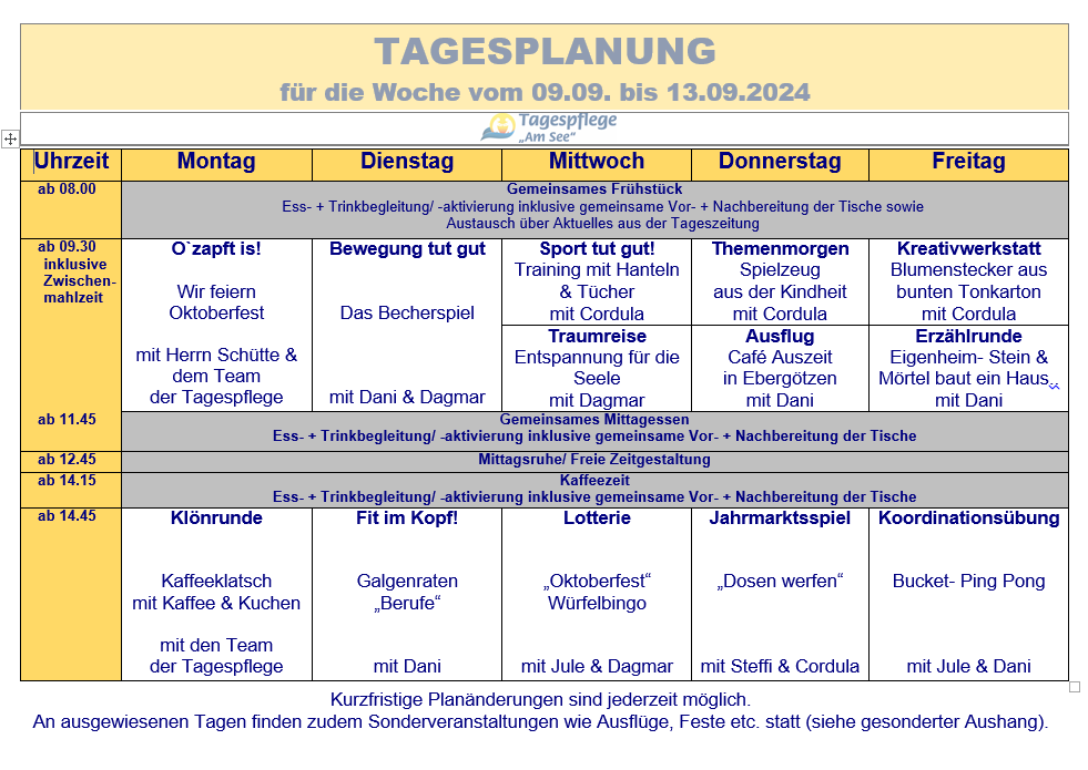 Tagesplan vom 09.09.bis 13.09.2024