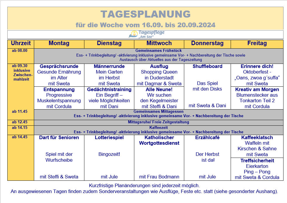 Tagesplan vom 16.09. bis 20.09.2024