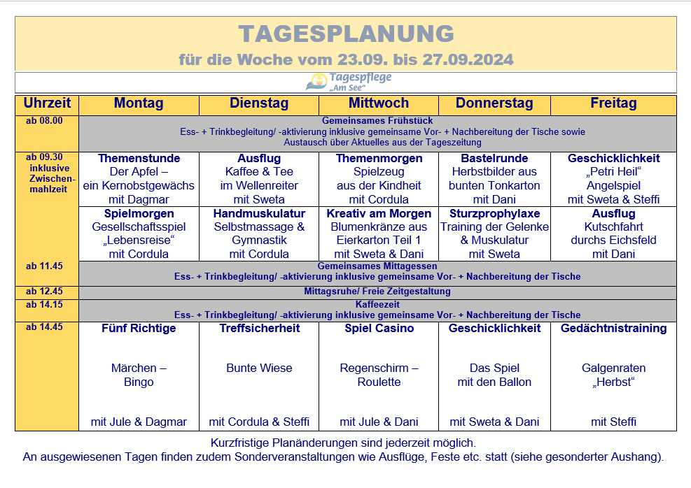 Tagesplan vom 24.09. bis 28.09.2024