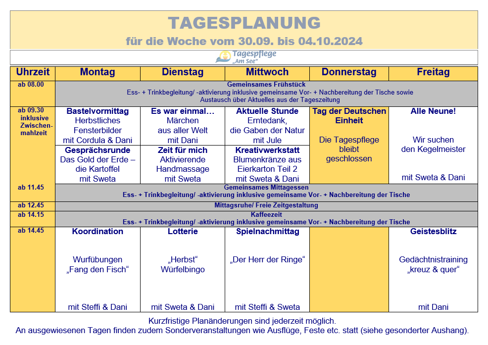 Tagesplan vom 01.10. bis 04.10.2024