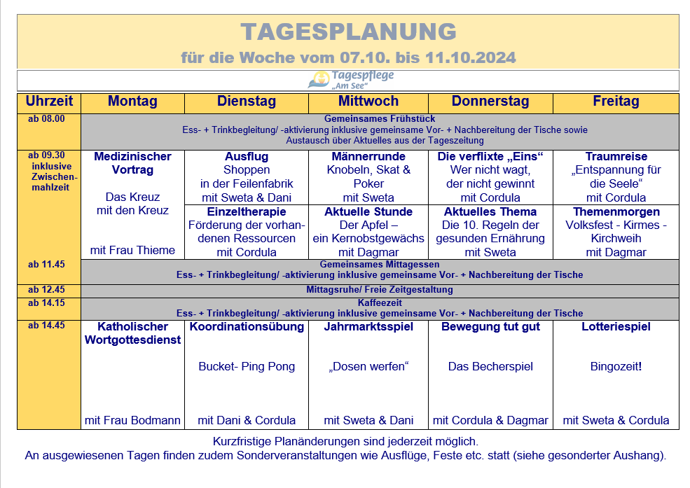 Tagesplan vom 07.10. bis 11.10.2024