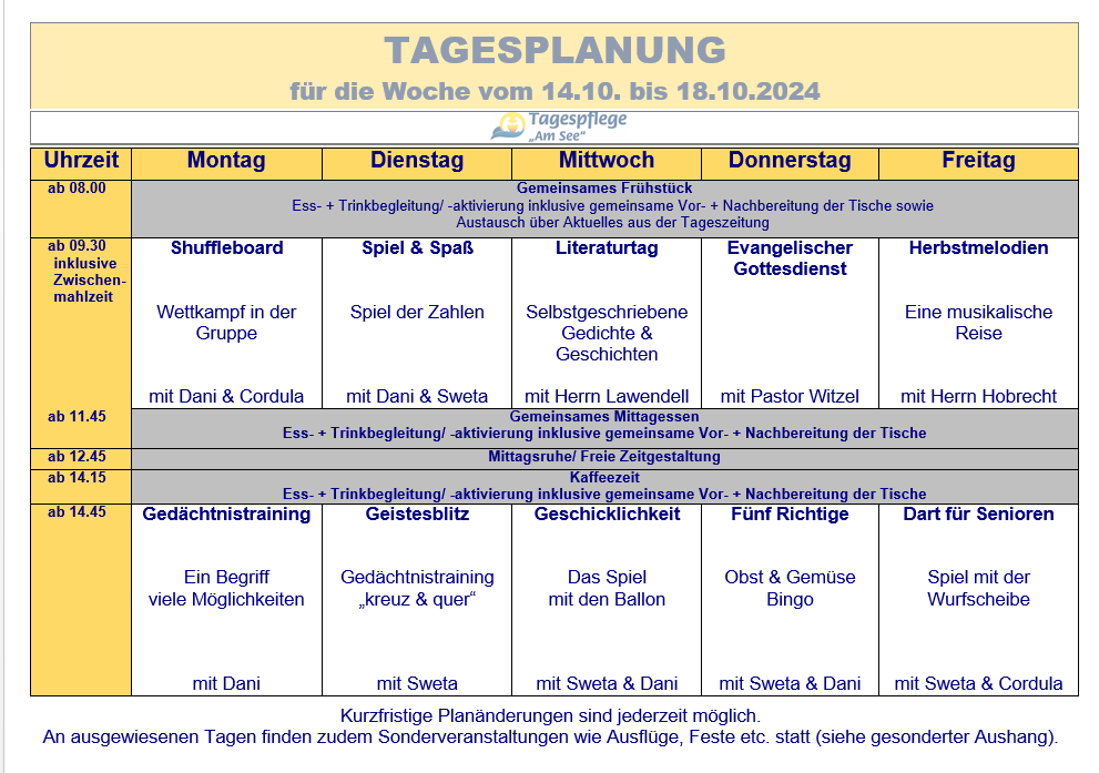 Tagesplan vom 14.10. bis 18.10.2024