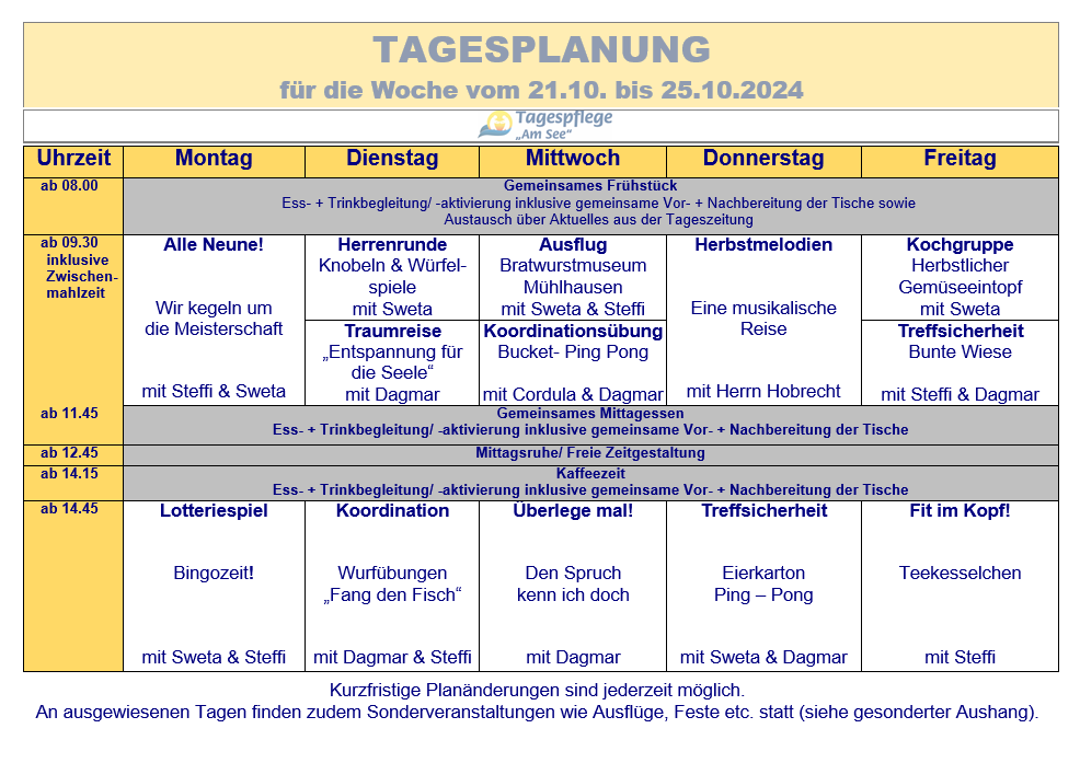 Tagesplan vom 21.10. bis 25.10.2024