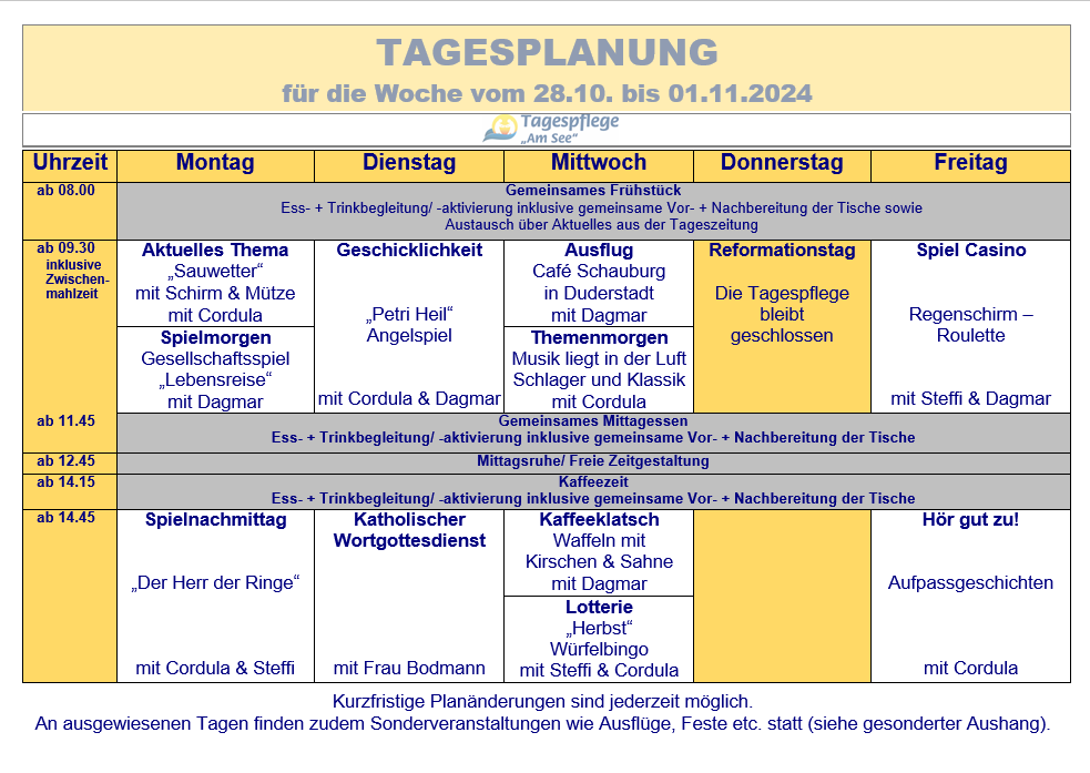 Tagesplan vom 28.10. bis 01.11.2024