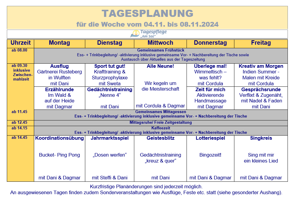 Tagesplan vom 04.11. bis 08.11.2024