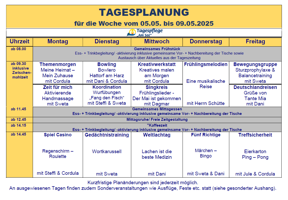 Tagesplan vom 05.05. bis 09.05.2025