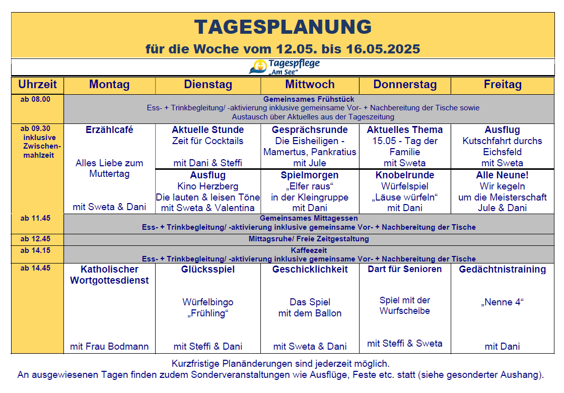 Tagesplan vom 12.05. bis 16.05.2025