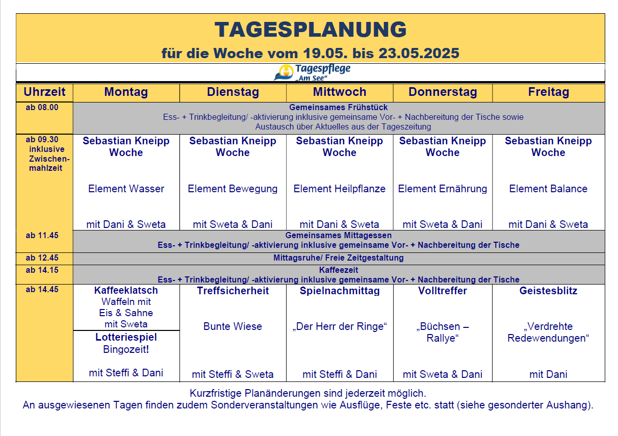 Tagesplan vom 19.05. bis 23.05.2025