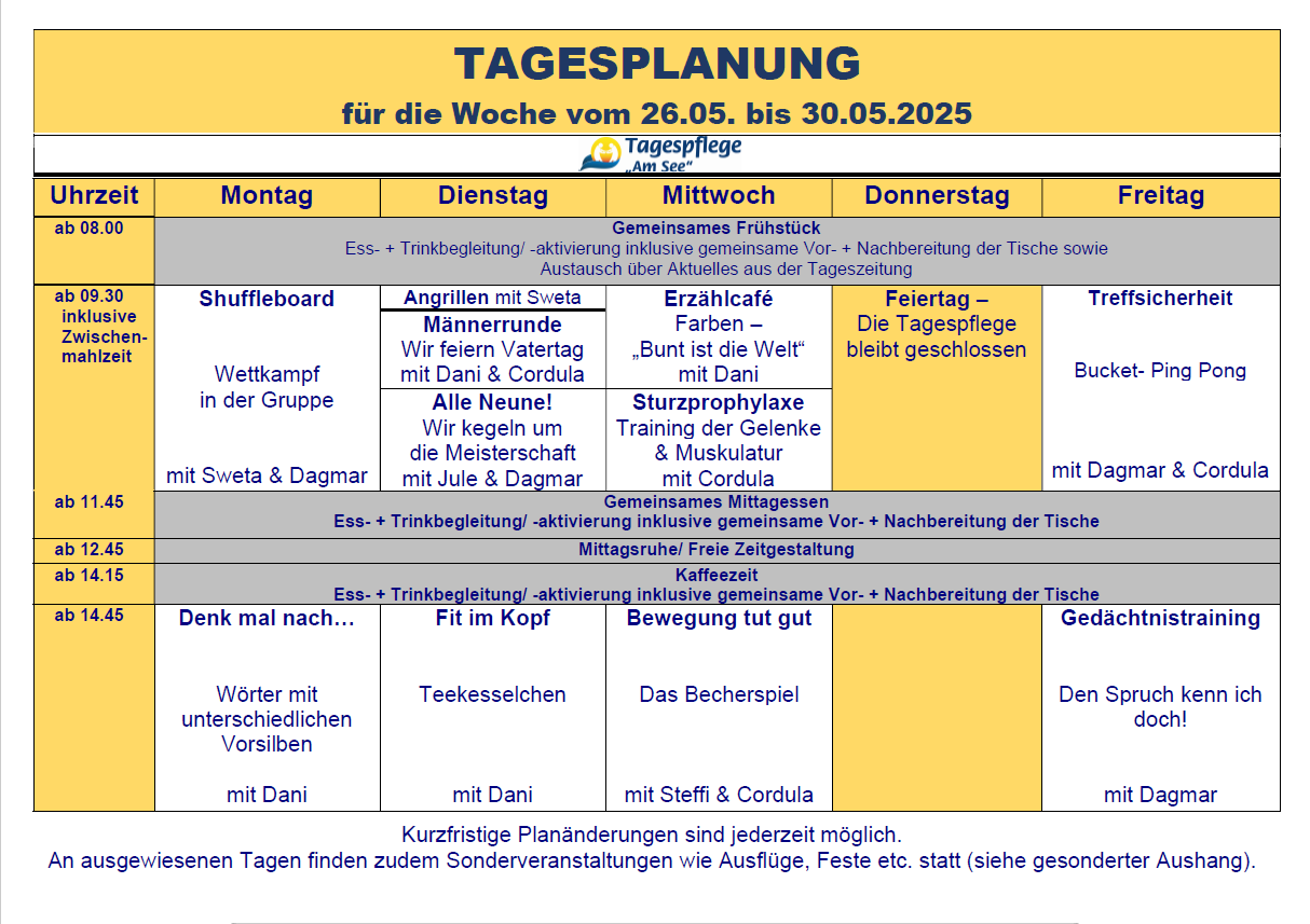 Tagesplan vom 26.05. bis 30.05.2025