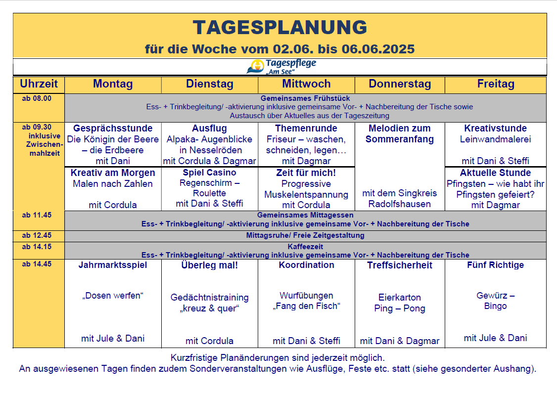 Tagesplan vom 02.06. bis 06.06.2025