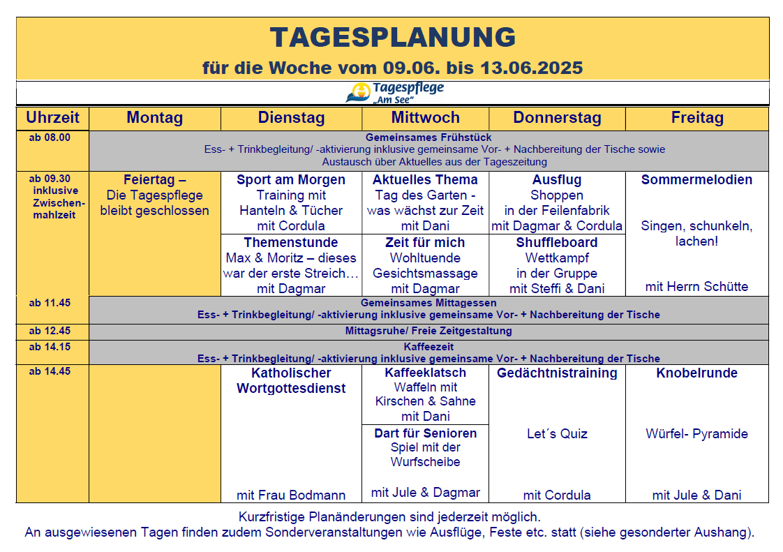 Tagesplan vom 09.06. bis 13.06.2025