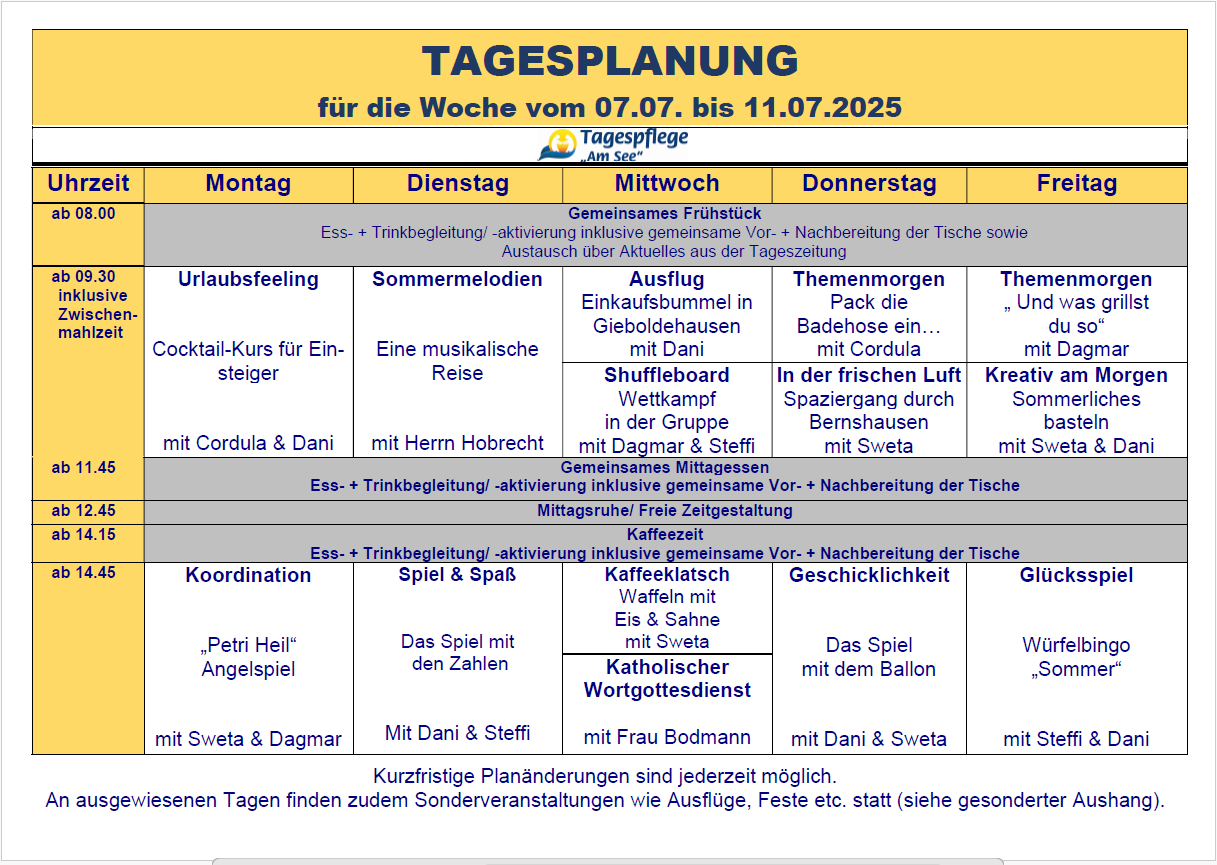 Tagesplan vom 07.07. bis 11.07.2025