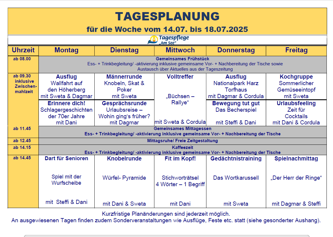 Tagesplan vom 14.07. bis 18.07.2025