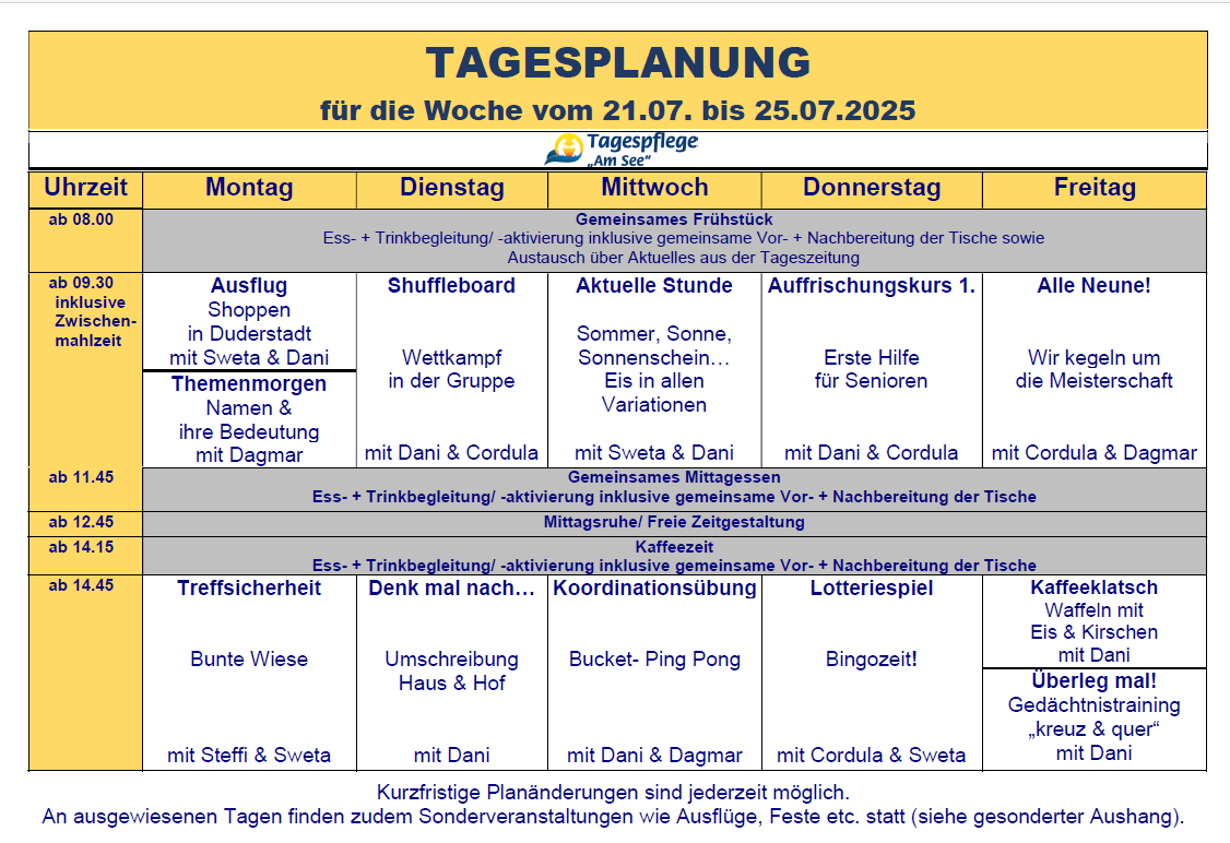 Tagesplan vom 21.07. bis 25.07.2025