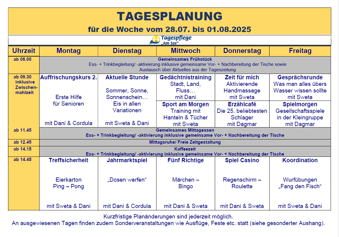 Tagesplan vom 28.07. bis 01.08.2025