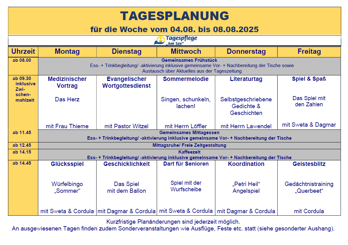 Tagesplan vom 04.08. bis 08.08.2025
