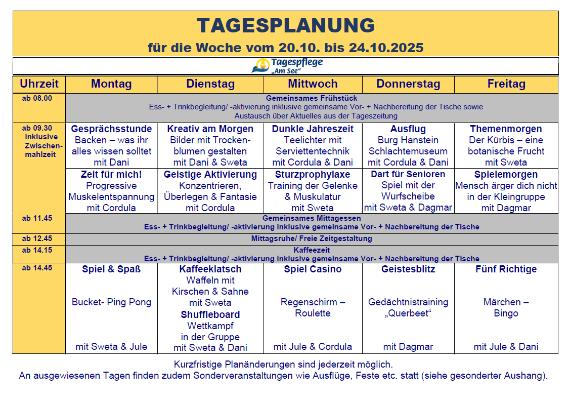 Tagesplan vom 20.10. bis 24.10.2025