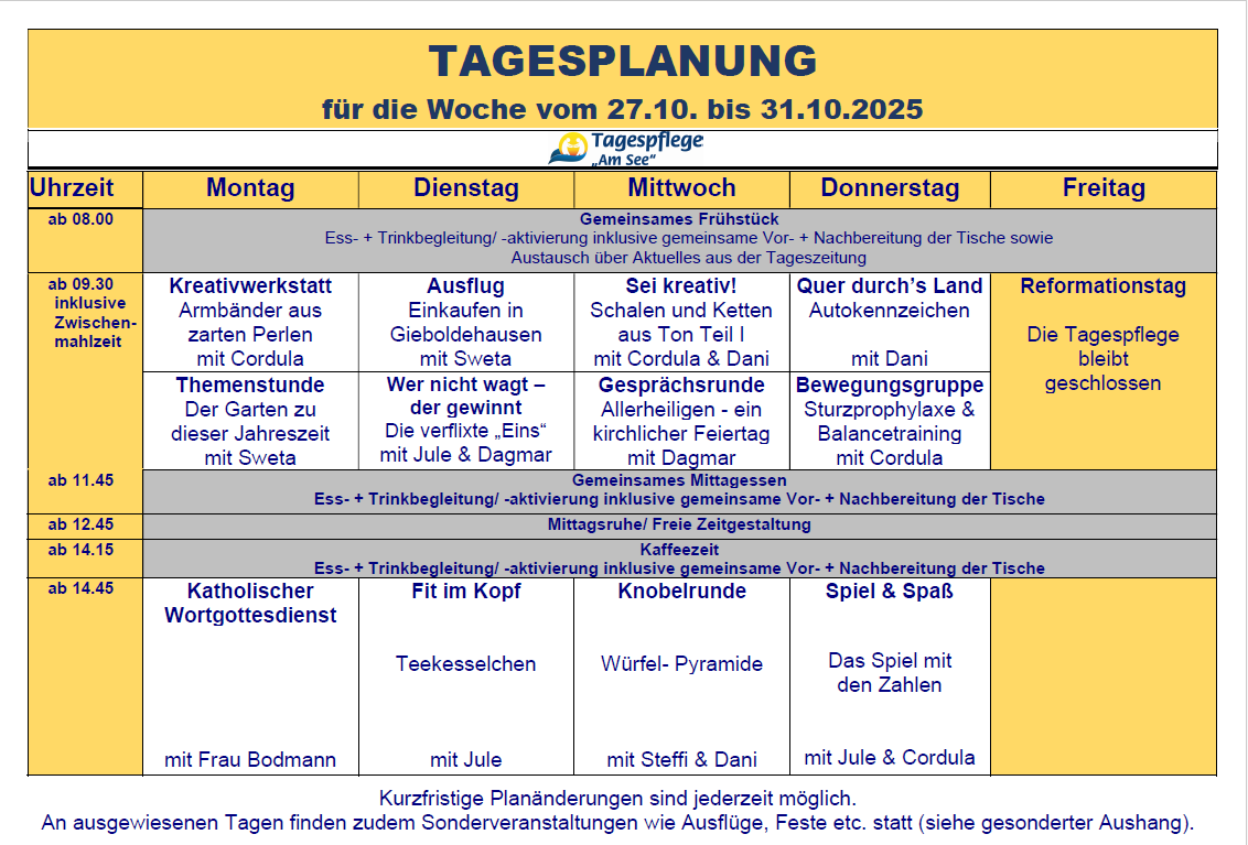 Tagesplan vom 27.10. bis 31.10.2025